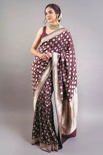 Magenta jacquard woven zari work saree with blouse