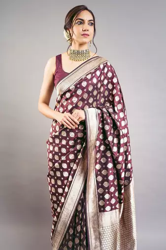 Magenta jacquard woven zari work saree with blouse