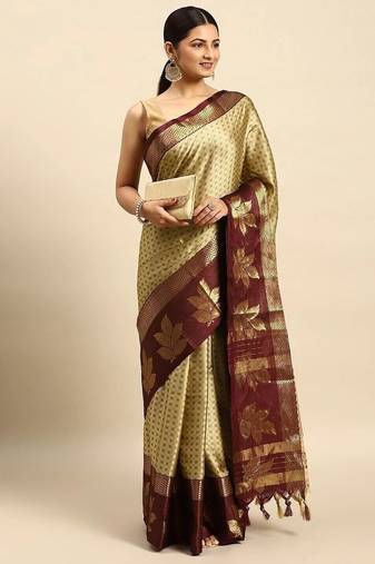 Beige blended cotton woven zari work saree with blouse