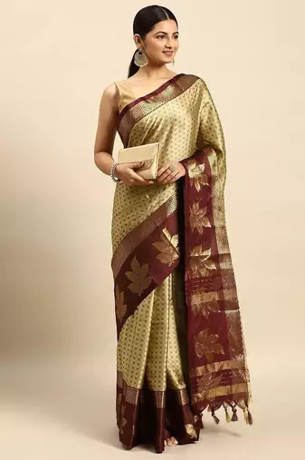 Beige blended cotton woven zari work saree with blouse