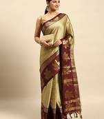 Beige blended cotton woven zari work saree with blouse
