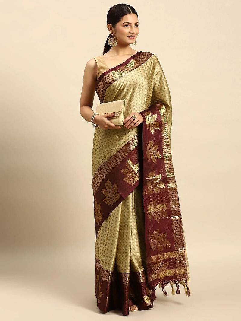 Beige blended cotton woven zari work saree with blouse