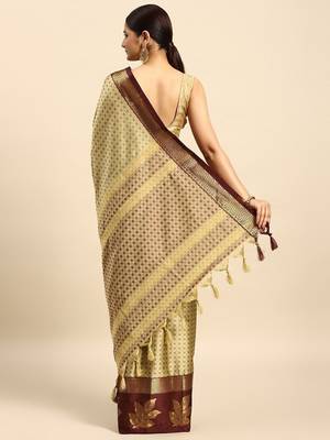 Beige blended cotton woven zari work saree with blouse 2