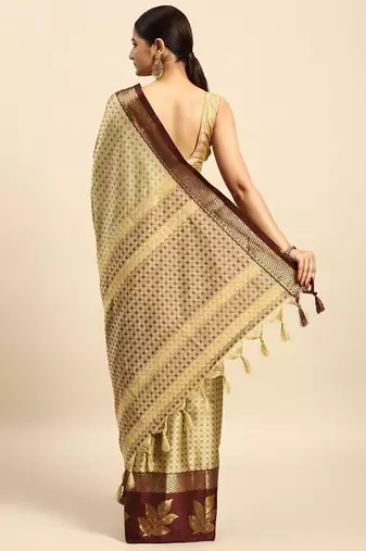 Beige blended cotton woven zari work saree with blouse