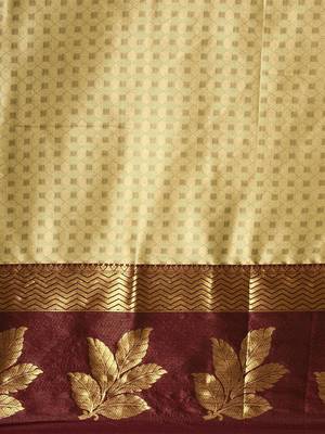 Beige blended cotton woven zari work saree with blouse 3