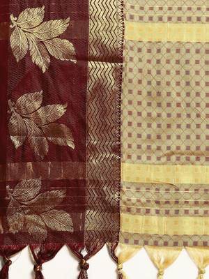Beige blended cotton woven zari work saree with blouse 4