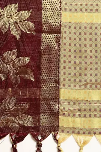 Beige blended cotton woven zari work saree with blouse