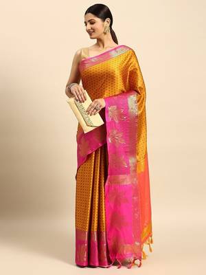 Gold blended cotton woven zari work saree with blouse 1