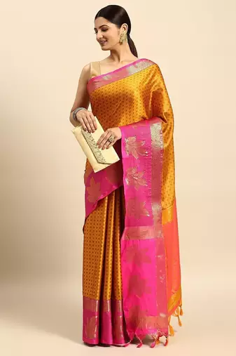 Gold blended cotton woven zari work saree with blouse