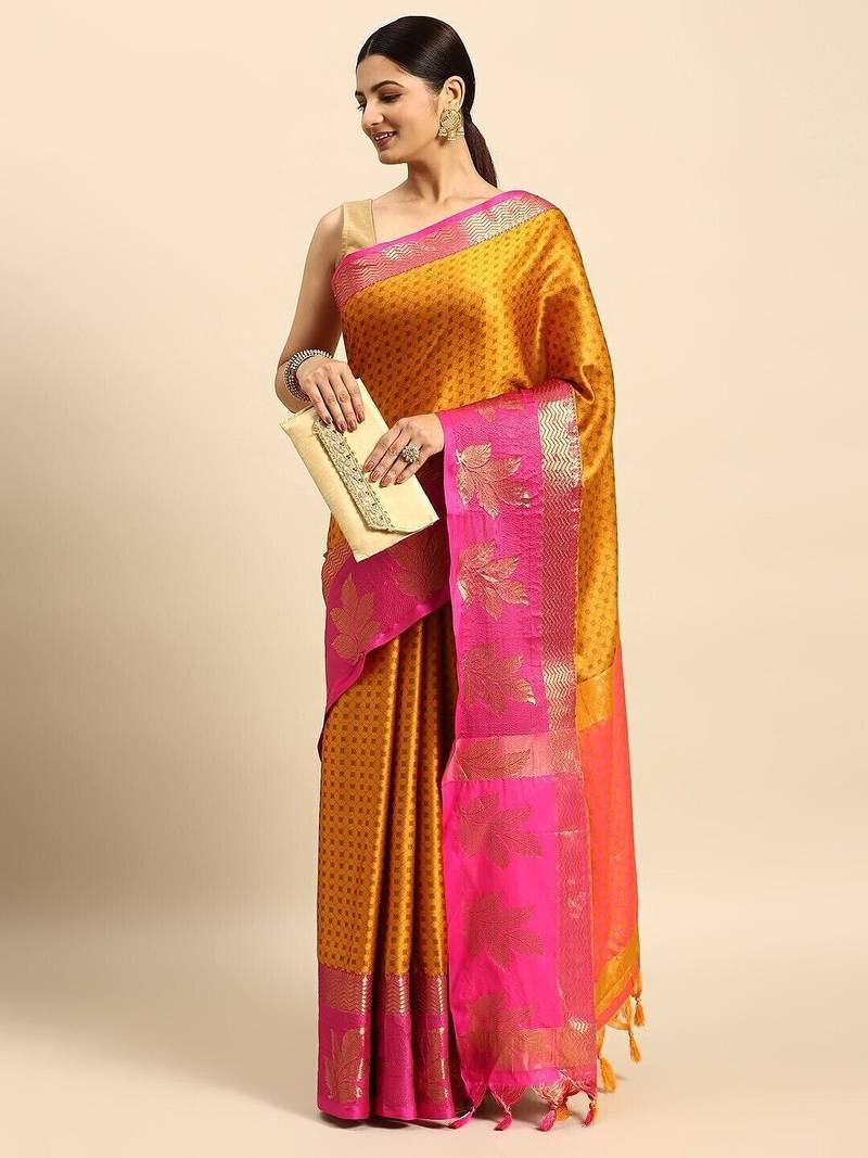 Gold blended cotton woven zari work saree with blouse