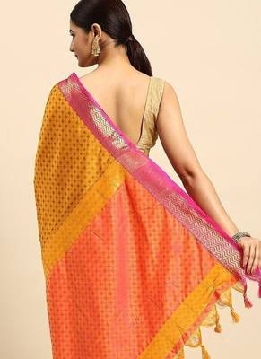 Gold blended cotton woven zari work saree with blouse 2