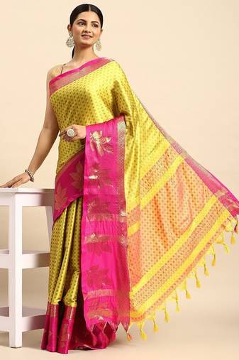 Yellow blended cotton woven zari work saree with blouse