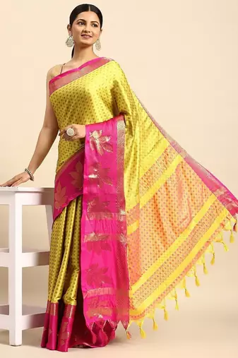 Yellow blended cotton woven zari work saree with blouse