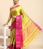 Yellow blended cotton woven zari work saree with blouse