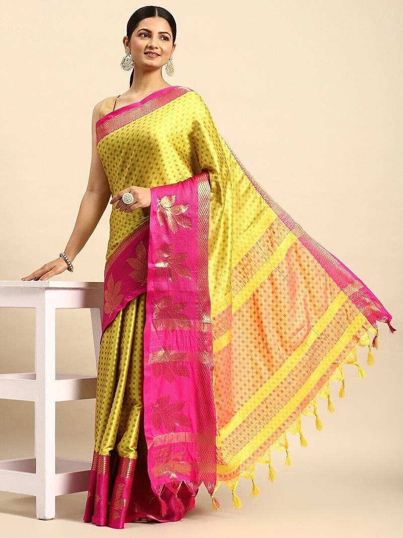 Yellow blended cotton woven zari work saree with blouse