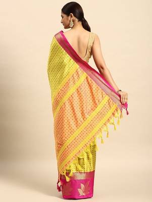 Yellow blended cotton woven zari work saree with blouse 2