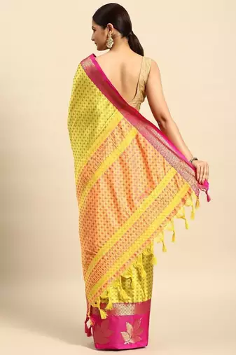 Yellow blended cotton woven zari work saree with blouse