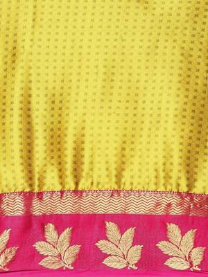 Yellow blended cotton woven zari work saree with blouse 3