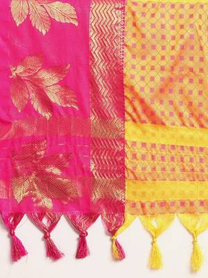 Yellow blended cotton woven zari work saree with blouse 4