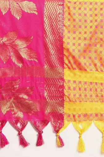 Yellow blended cotton woven zari work saree with blouse