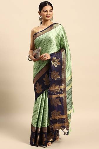 Dark green blended cotton woven zari work saree with blouse