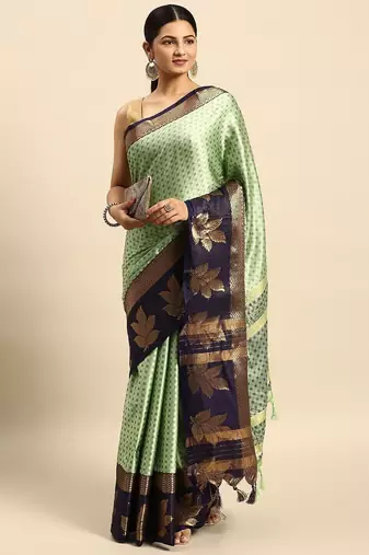 Dark green blended cotton woven zari work saree with blouse