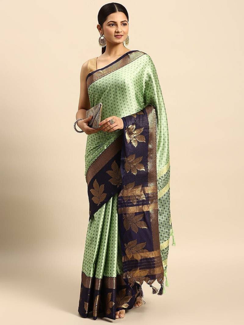 Dark green blended cotton woven zari work saree with blouse