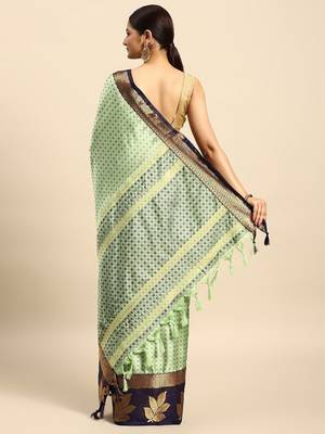 Dark green blended cotton woven zari work saree with blouse 2