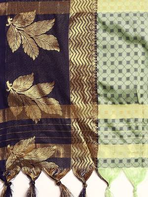 Dark green blended cotton woven zari work saree with blouse 4
