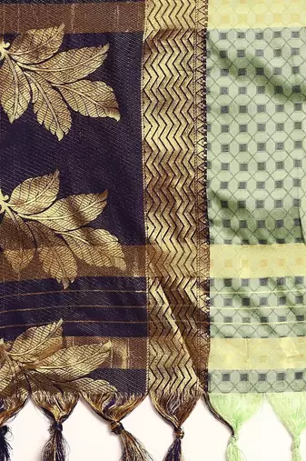 Dark green blended cotton woven zari work saree with blouse