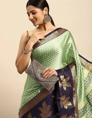 Dark green blended cotton woven zari work saree with blouse 5