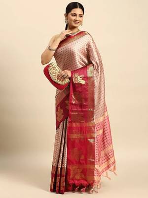 Pink blended cotton woven zari work saree with blouse 1