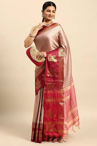 Pink blended cotton woven zari work saree with blouse