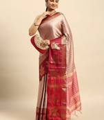 Pink blended cotton woven zari work saree with blouse