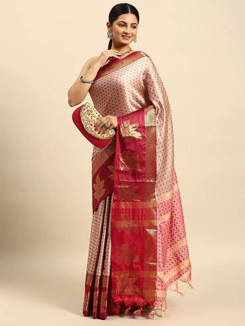 Pink blended cotton woven zari work saree with blouse