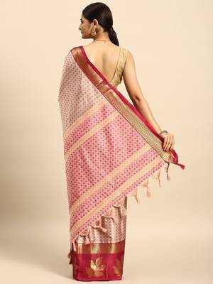 Pink blended cotton woven zari work saree with blouse 2