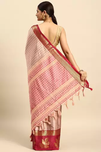 Pink blended cotton woven zari work saree with blouse