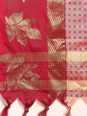 Pink blended cotton woven zari work saree with blouse 4