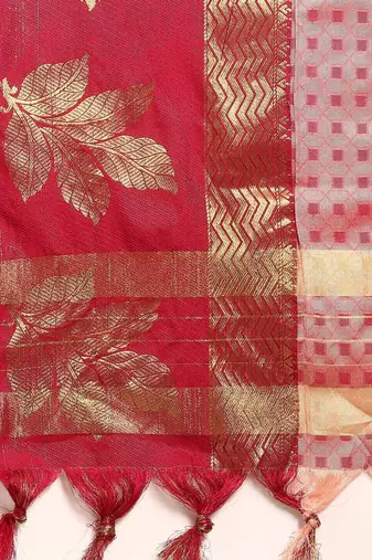 Pink blended cotton woven zari work saree with blouse