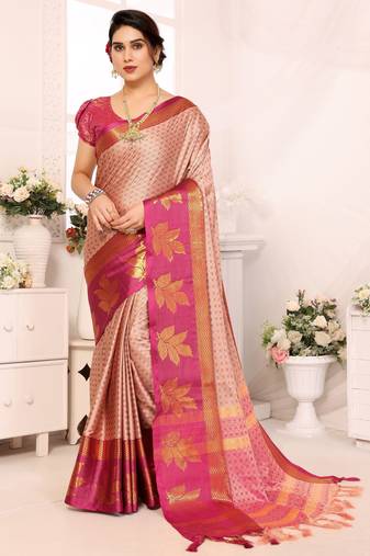 Pink blended cotton printed zari work saree with blouse