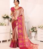 Pink blended cotton printed zari work saree with blouse