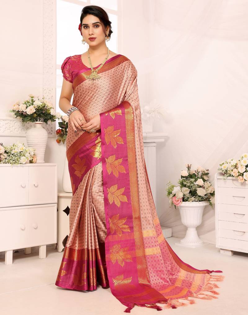 Pink blended cotton printed zari work saree with blouse