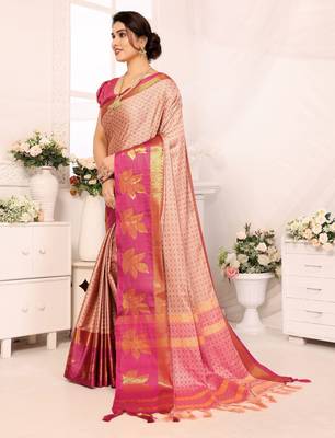 Pink blended cotton printed zari work saree with blouse 2