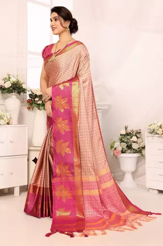 Pink blended cotton printed zari work saree with blouse