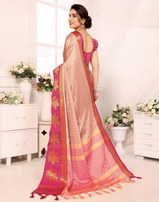 Pink blended cotton printed zari work saree with blouse 3