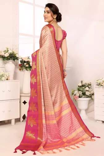 Pink blended cotton printed zari work saree with blouse