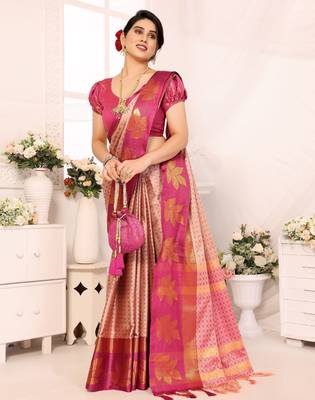 Pink blended cotton printed zari work saree with blouse 4