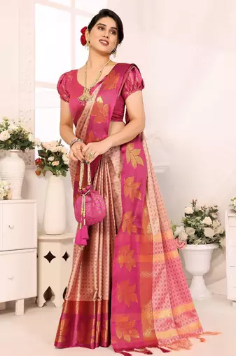 Pink blended cotton printed zari work saree with blouse
