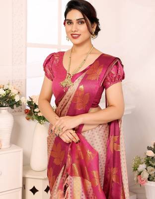 Pink blended cotton printed zari work saree with blouse 5