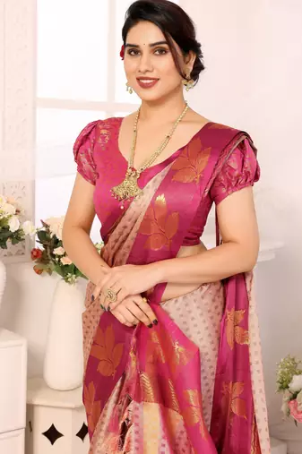 Pink blended cotton printed zari work saree with blouse
